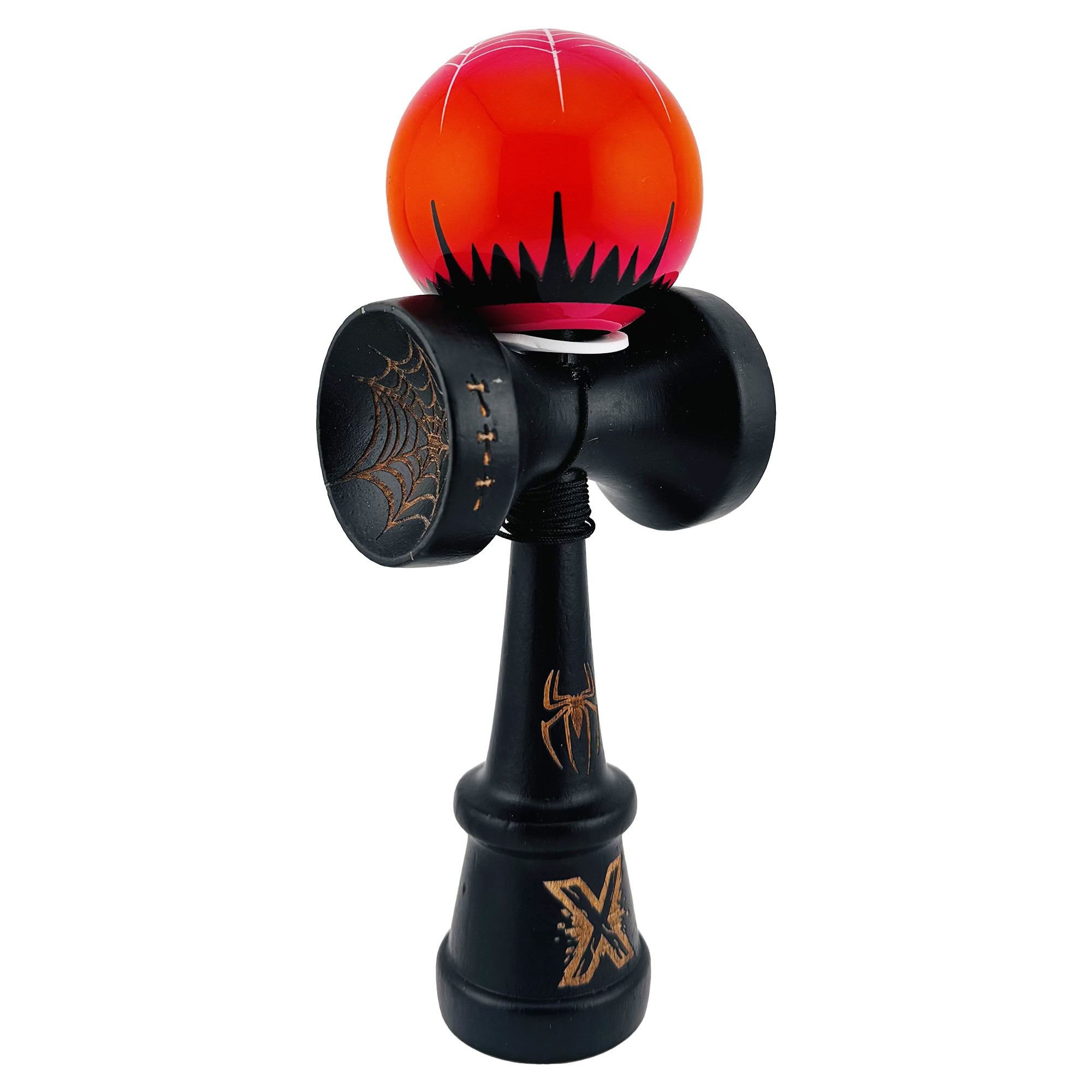 kendama-x-originala-profesionala-flippy-black-spider-king-super-sticky-cu-cupe-mari-king-size-v3-gau-main-696ddd1b2745e Kendama X Originala, Profesionala, Flippy, BLACK Spider King, Super Sticky cu Cupe Mari KING SIZE V3, Gaura in Baza, Rulment Metalic, din lemn 18 cm, Ata 62/65 cm, Rosu/Negru - Image 1