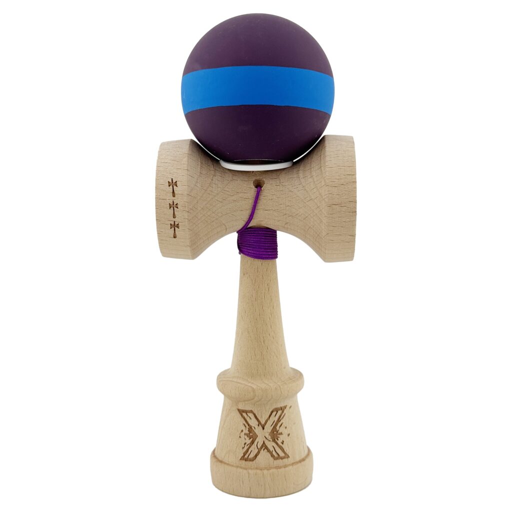 Kendama X Originala, Profesionala, Flippy, Cupe Mari KING SIZE V3, Rubber Grip, Gaura in Baza, Rulment Metalic, din lemn 18 cm, Ata 62/65 cm, M Mov/Albastru/Mov