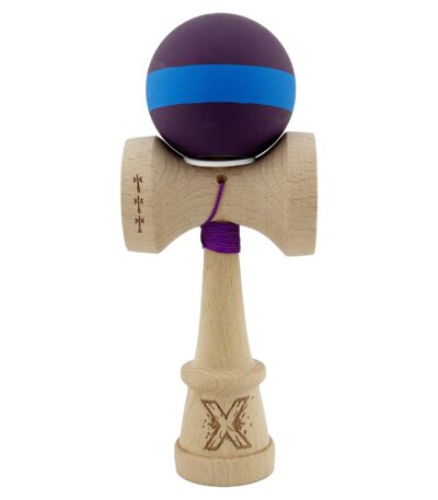 Kendama X Originala, Profesionala, Flippy, Cupe Mari KING SIZE V3, Rubber Grip, Gaura in Baza, Rulment Metalic, din lemn 18 cm, Ata 62/65 cm, M Mov/Albastru/Mov