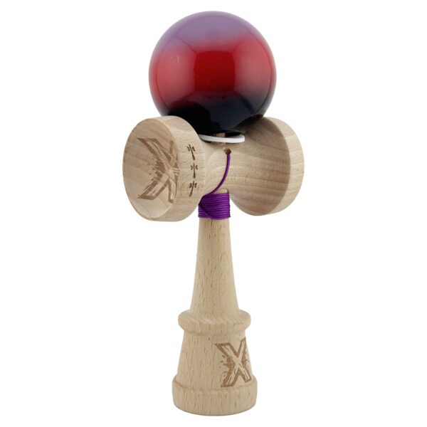 Kendama X Originala, Profesionala, Flippy, Super Sticky cu Cupe Mari KING SIZE V3, Gaura in Baza, Rulment Metalic, din lemn 18 cm, Ata 62/65 cm, Gradient Mov/Rosu/Negru