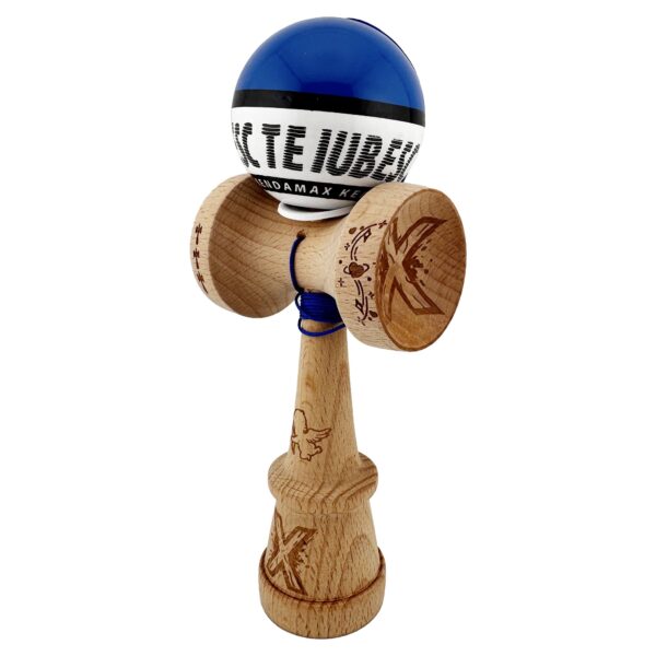 Kendama X TE IUBESC Originala, Profesionala, Flippy, Super Sticky cu Cupe Mari KING SIZE V3, Gaura in Baza, Rulment Metalic, din lemn 18 cm, Ata 62/65 cm, Albastru/Alb