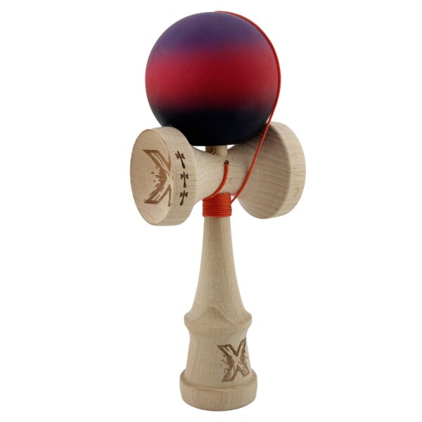Kendama X Originala, Profesionala, Flippy, Big Cups V2, Rubber Grip cu Cupe Mari, Rulment Metalic cu Ata 55 cm, Mov/Rosu/Negru