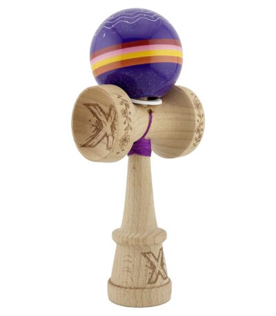 Kendama X Originala, Profesionala, Flippy, NIGHT SKY, Super Sticky cu Cupe Mari KING SIZE V3, Gaura in Baza, Rulment Metalic, din lemn 18 cm, Ata 62/65 cm, Mov