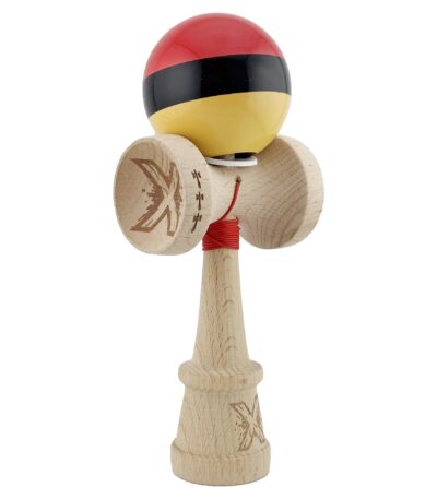 Kendama X Originala, Profesionala, Flippy, Super Sticky cu Cupe Mari KING SIZE V3, Gaura in Baza, Rulment Metalic, din lemn 18 cm, Ata 62/65 cm, Rosu/Negru/Galben
