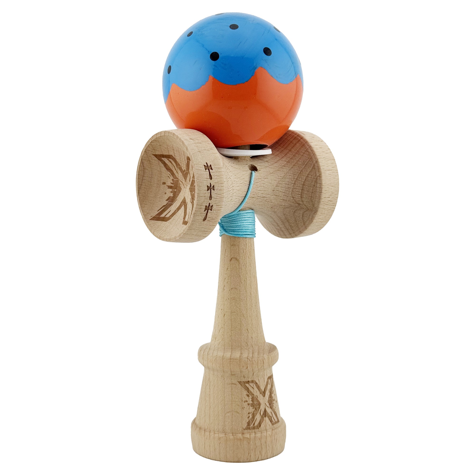 kendama-x-originala-profesionala-flippy-super-sticky-cu-cupe-mari-king-size-v3-gaura-in-baza-rulment-main-69562a9f9af0d Kendama X Originala, Profesionala, Flippy, Super Sticky cu Cupe Mari KING SIZE V3, Gaura in Baza, Rulment Metalic, din lemn 18 cm, Ata 62/65 cm, Special Albastru/Portocaliu - Image 1